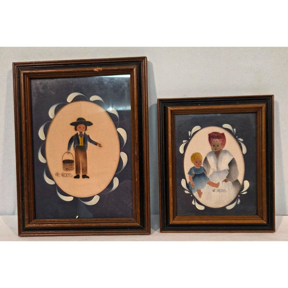 Vintage Folk Art Framed Prints Signed R Ross Set of 2 Americana